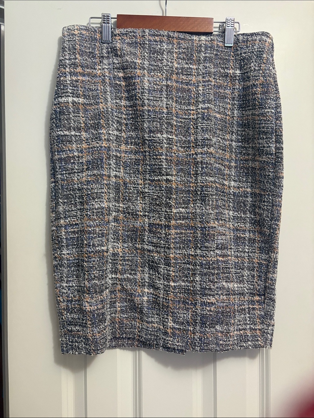 Plaid Navy and Beige Tweed Pencil Skirt
